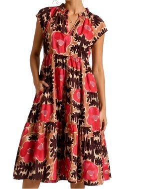 Crosby by Mollie Burch Watts Mod Poppy Pink & Brown Tiered Midi Dress - M